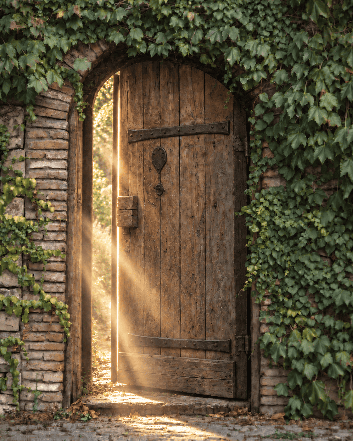 An ivy-covered door barely ajar with warm light spilling through