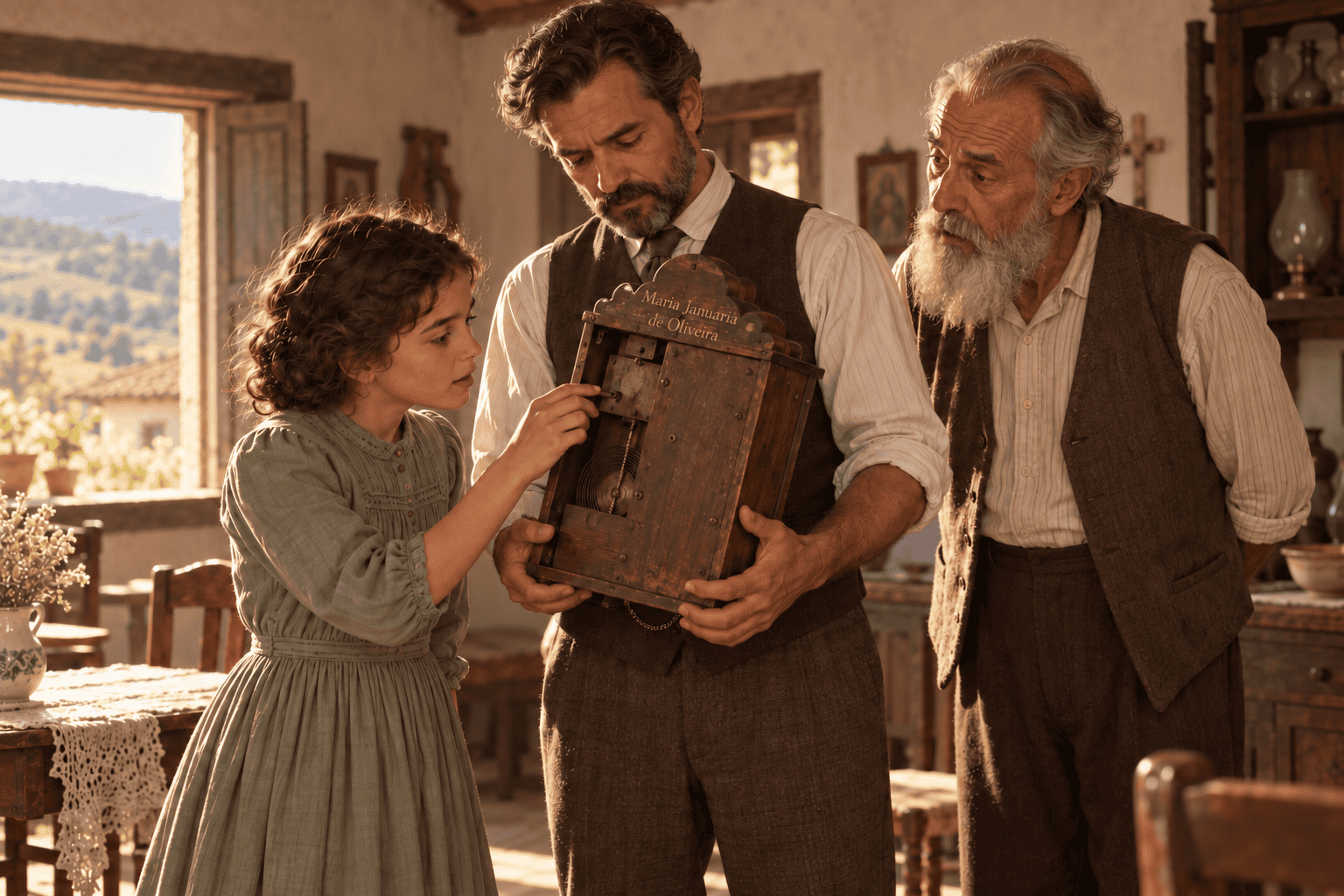 Fictional illustration of twelve-year-old Marta examining a clock engraved with Maria Januaria de Oliveira, with her father and Sinhá’s father.