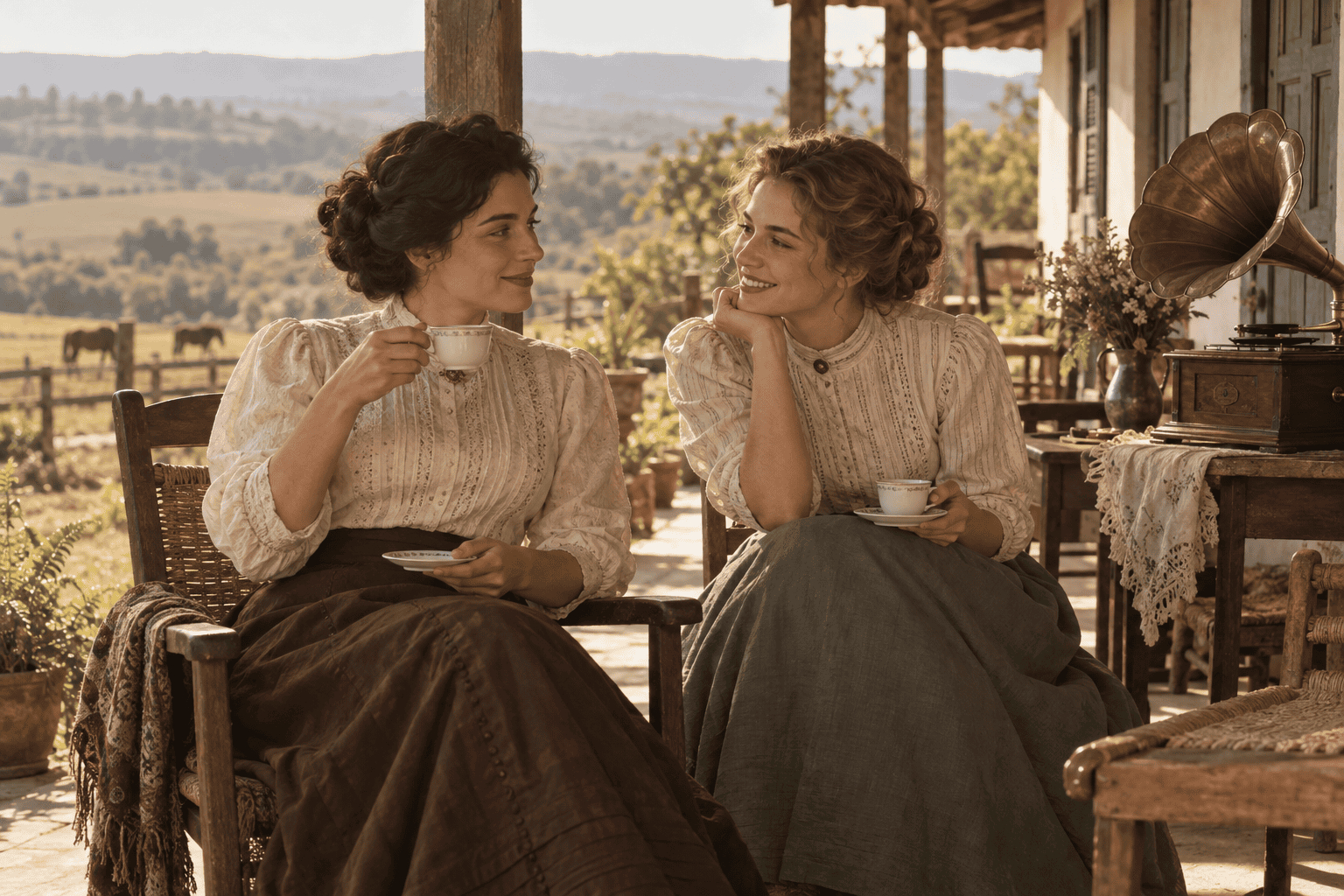 Fictional illustration of Sinhá and Ida sharing coffee and music in early twentieth-century Brazil.
