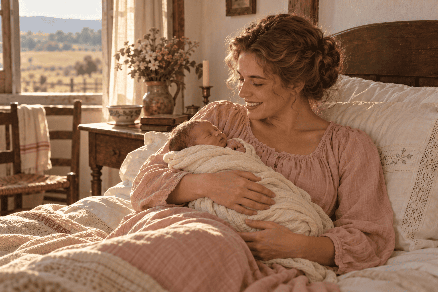 Fictional illustration of Ida in rose maternity wear holding newborn Marta.
