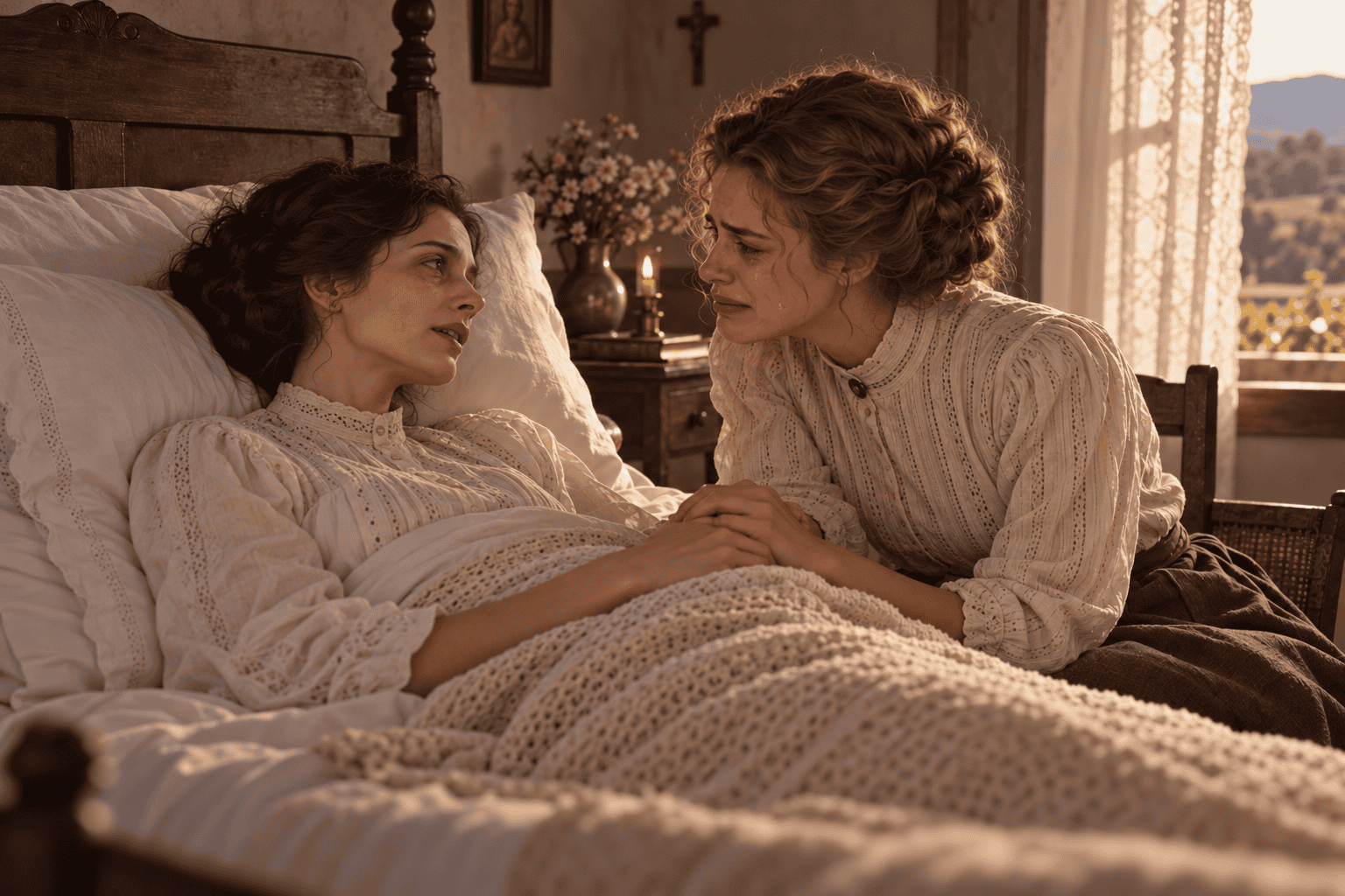 Fictional illustration of a weak Sinhá in bed with a tearful Ida beside her.