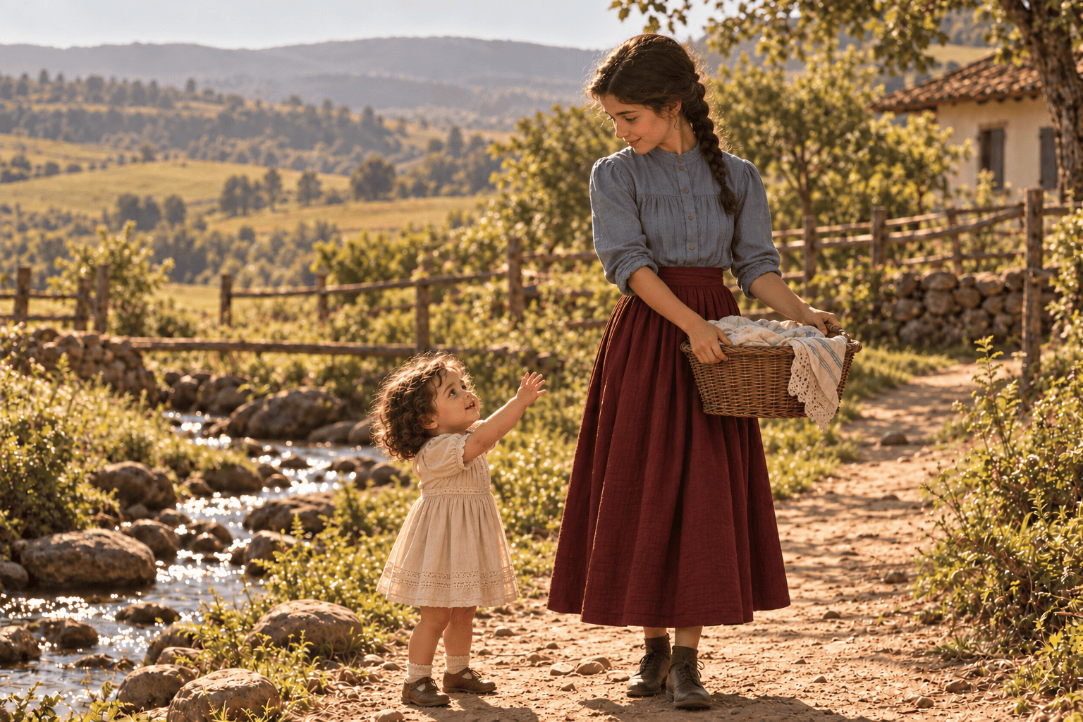 Fictional illustration of two-and-a-half-year-old Marta with her adolescent sister Lola in a blue blouse and burgundy skirt.